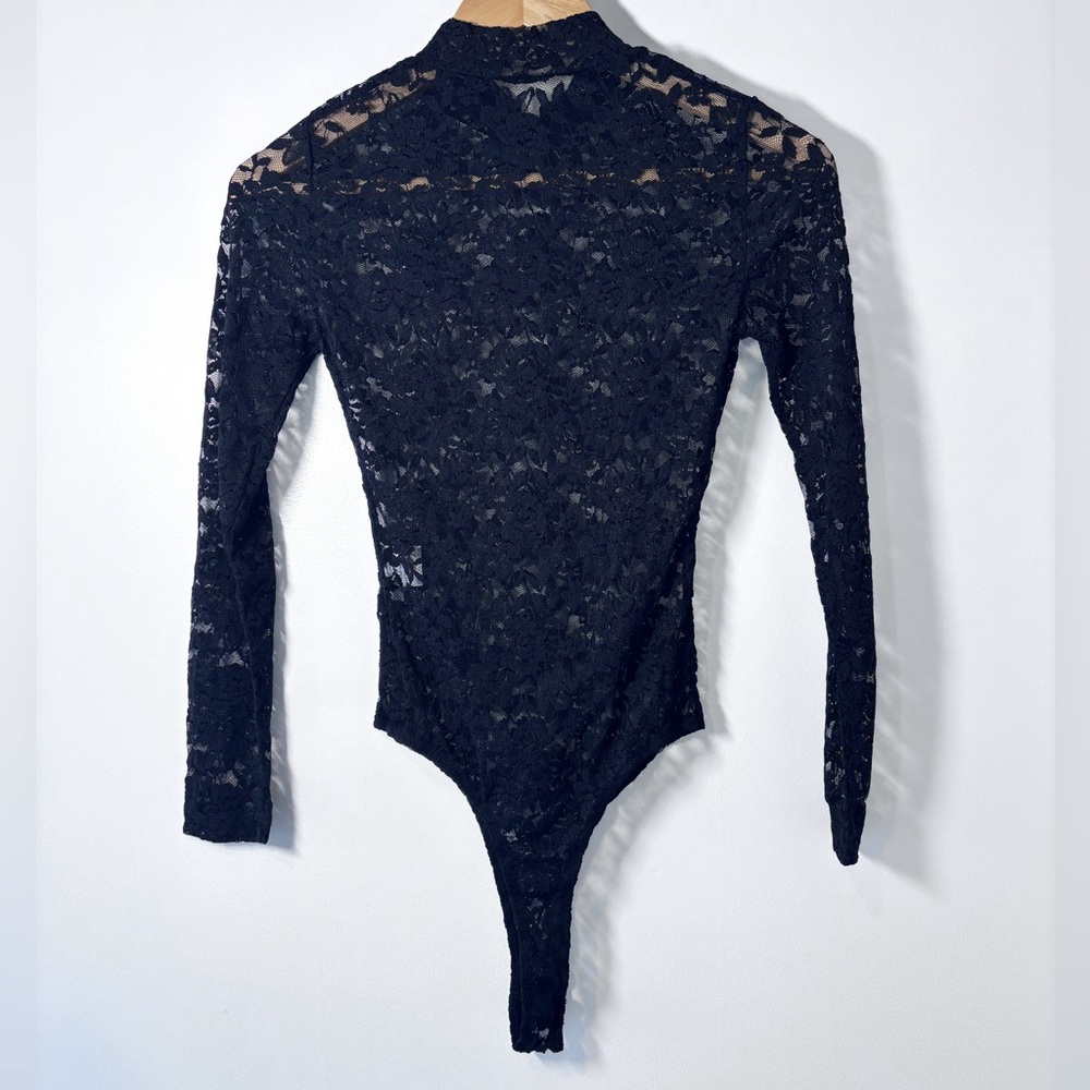 Stems Revolve Black Sheer Lace Long Sleeve Mock Neck Thong Bodysuit Medium New - Picture 3 of 6